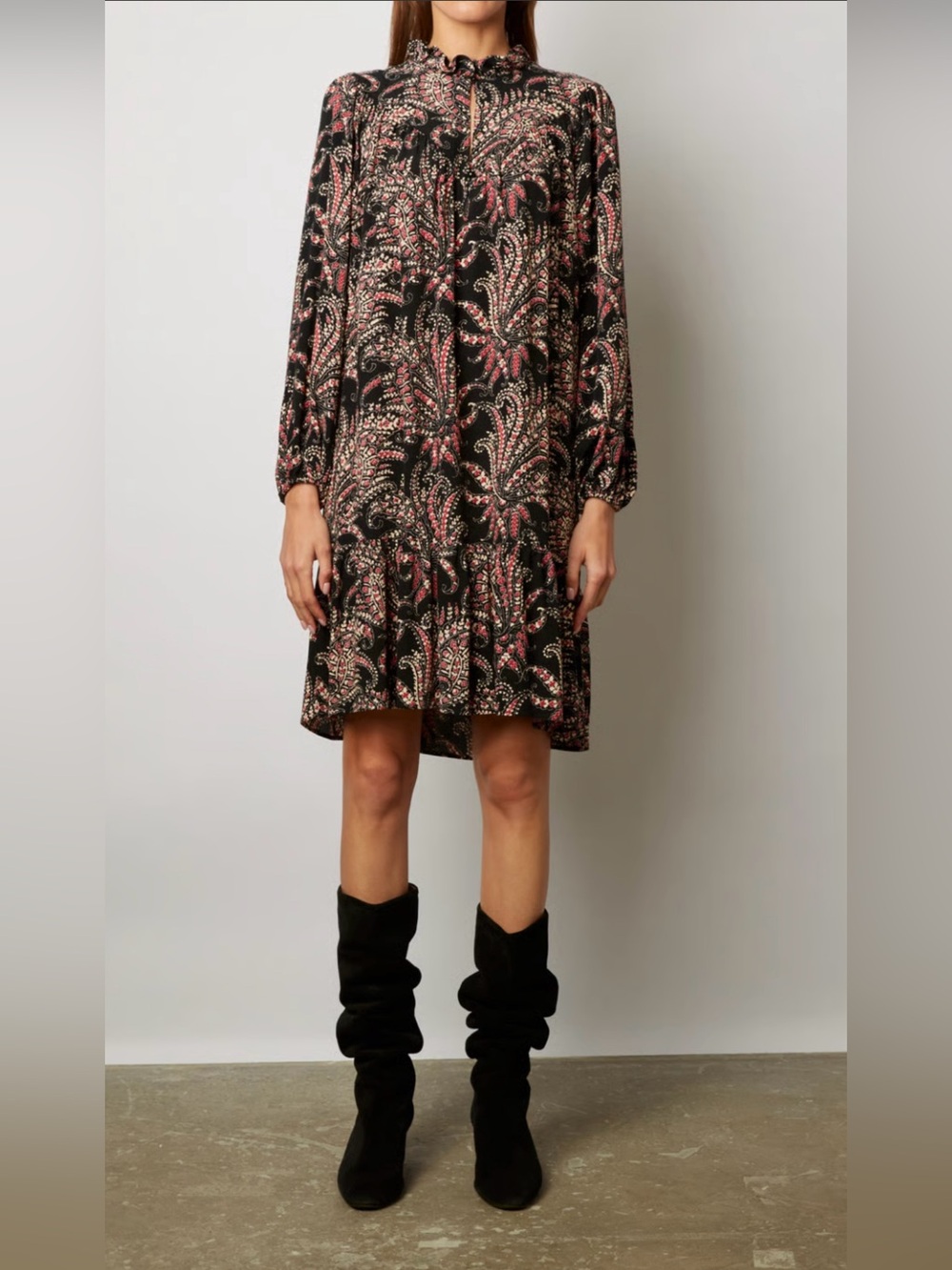 Gerard Darel Judy Paisley Mini Dress XS Black Red Ruffle Long Sleeve Boho